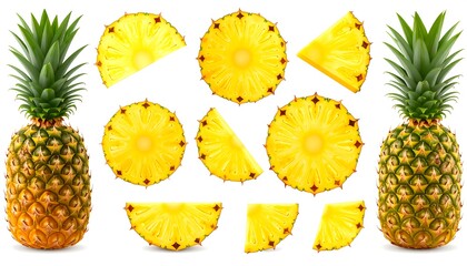 Two whole pineapples flanked by various sliced segments against a white background