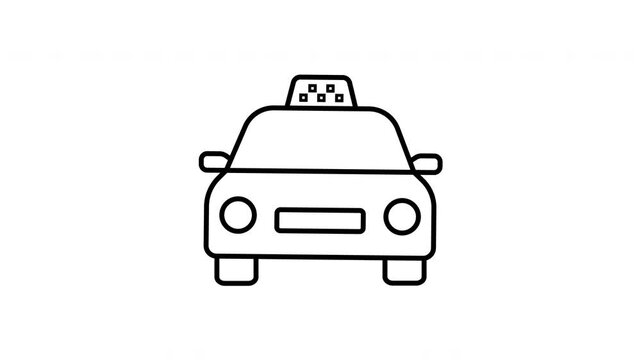 Looped animation of a front view taxi car with motion lines in minimal outline style. Clean black and white icon for transportation, city ride, and travel visuals.