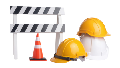 Two yellow hard hats and one white hard hat paired with a striped road barricade and an orange traffic cone, symbolizing construction safety equipment.
