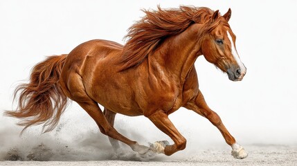 Obraz premium Majestic chestnut horse galloping energetically in sandy arena during bright daylight