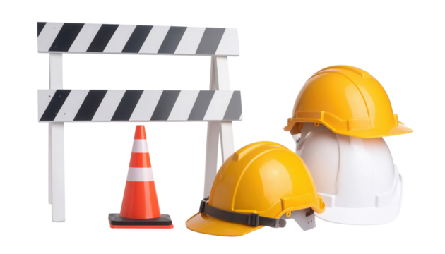 Two yellow hard hats and one white hard hat paired with a striped road barricade and an orange traffic cone, symbolizing construction safety equipment.