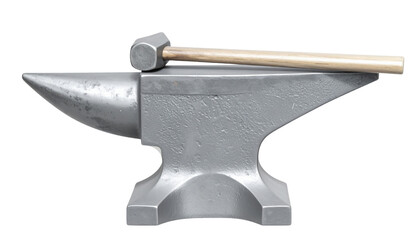 A metal anvil with a hammer resting on top, featuring a rounded horn and robust base for forging and shaping metal.