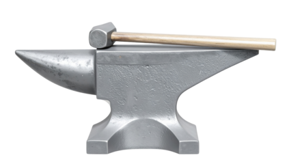 A metal anvil with a hammer resting on top, featuring a rounded horn and robust base for forging and shaping metal.