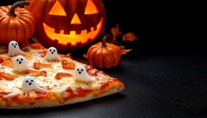 halloween party pizza with little pumpkins and ghosts. Spooky gathering flatbread featuring miniature gourd shape and phantom image festive october celebration meal seasonal treat