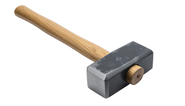 A steel sledgehammer with a rectangular head and a long wooden handle.