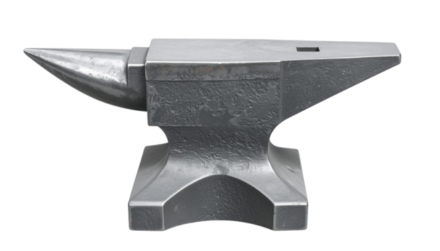 Heavy steel blacksmith anvil with horn, hardy hole and textured face for forging and shaping metal.