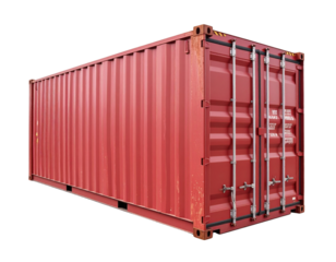 Red corrugated steel cargo shipping container with double doors and locking bars