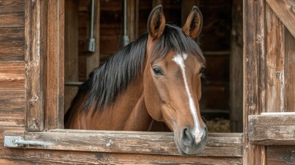 Obraz premium Horse looking out from barn window in rural setting during late afternoon
