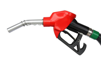 Red and black fuel pump nozzle with metal spout and green hose connector.