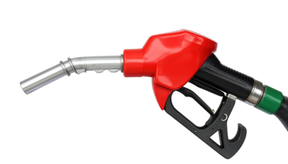 Red and black fuel pump nozzle with metal spout and green hose connector.