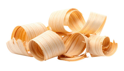 Curled light wood shavings forming delicate spirals and ribbon-like curls from planed timber.