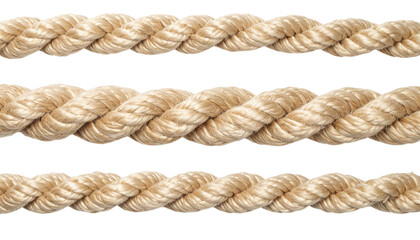 Fototapeta premium Three braided natural fiber ropes with thick, twisted strands and a coarse beige texture.