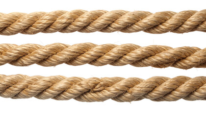 Fototapeta premium Three thick, twisted natural-fiber ropes displayed horizontally, highlighting coarse braided strands and detailed fibrous texture.