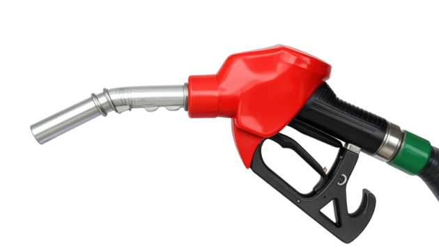 Red and black fuel pump nozzle with metal spout and green hose connector.