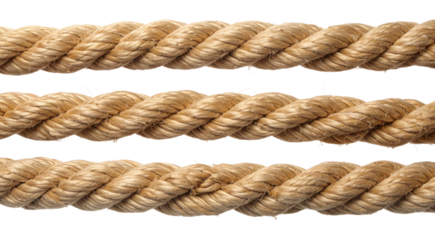 Three thick, twisted natural-fiber ropes displayed horizontally, highlighting coarse braided strands and detailed fibrous texture.