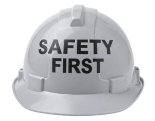 White construction hard hat with "SAFETY FIRST" printed prominently on the front.