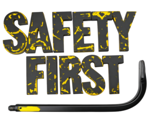 Distressed black-and-yellow "SAFETY FIRST" lettering accompanied by a yellow-accented curved pry bar