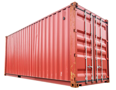 Red steel shipping container with corrugated sides, double rear doors, latching hardware, and visible rust on the corners.