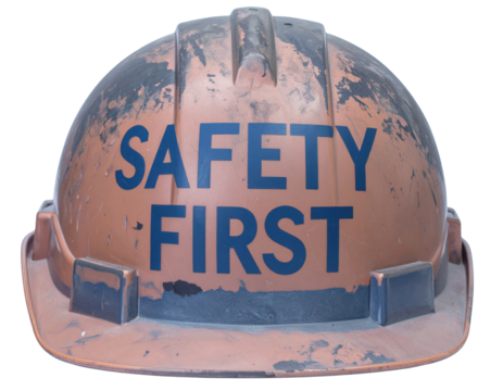 Worn orange construction hard hat with bold "SAFETY FIRST" lettering, visible scratches, scuffs, and signs of heavy use.