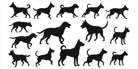 Collection of dog silhouettes in various poses and breeds dogs animal