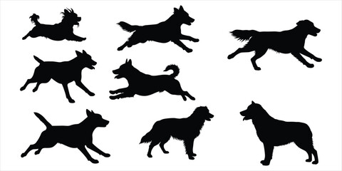 Collection of dog silhouettes in various running and standing poses dogs