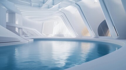 Futuristic interior with a pool