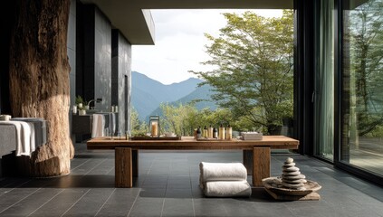 Mountaintop Spa Retreat Tranquil sanctuary with stunning views, minimalist design, natural materials, and luxurious amenities for ultimate relaxation and rejuvenation