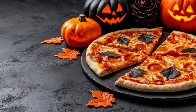of Tasty Halloween Pizza with Mockup. Pair of yummy october feast flatbread presentation blank template. seasonal culinary creation fright night theme delicious treat. - Powered by Adobe