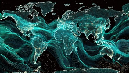 World map with abstract teal currents