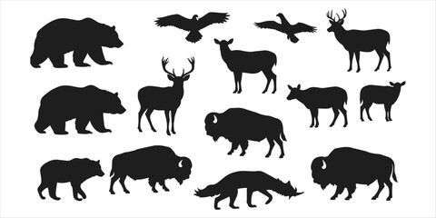 Collection of wild animal silhouettes including bears deer eagles bison and birds animals wildlife