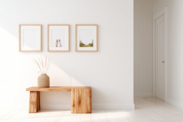 Bright interior featuring minimalist decor, wooden bench, and fr