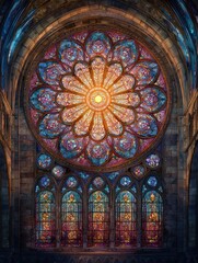 Obraz premium Vibrant stained glass window with a large circular mandala pattern, sunlight streaming through, photorealistic cathedral interior