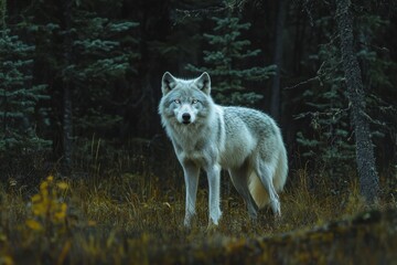 Fototapeta premium A wolf with grey fur stares intently. Use this photo for articles about wildlife.