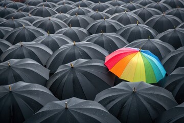 A single vibrant rainbow umbrella stands out amongst a sea of monochrome umbrellas