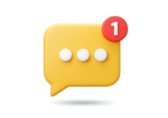 3D illustration of message icon with notification and yellow speech bubble representing communication and online interaction