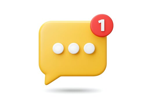 3D illustration of message icon with notification and yellow speech bubble representing communication and online interaction