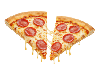 Delicious pepperoni pizza slices with melting cheese streaks against a void transparent background