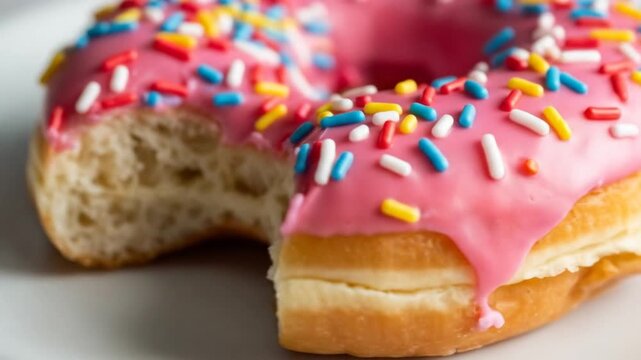 Pink-glazed donut with colorful sprinkles, bite taken out, reveals the sweet inside
