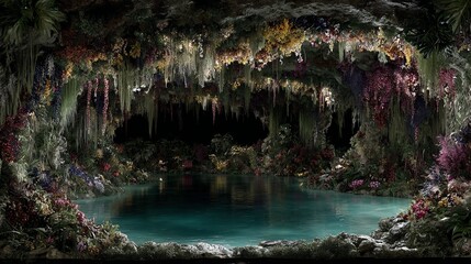 A tranquil, turquoise pool rests within a cavernous grotto, adorned with lush, cascading flora, evoking a sense of hidden beauty and serene isolation, digitally rendered.