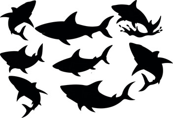 Shark and fish silhouette set vector illustration of marine animals and ocean wildlife design in white background.