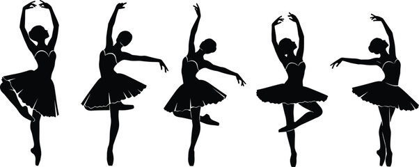 Five Black Silhouettes of Ballerinas in Graceful Poses ballet dancer