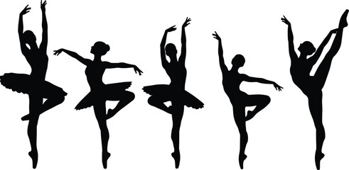 Five Black Silhouettes of Ballerinas in Graceful Poses on White Background ballet dancer