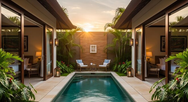Tranquil tropical villa with private pool at sunset showcasing luxurious travel