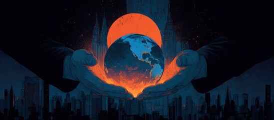 Gloom-filled cityscape with hands holding Earth