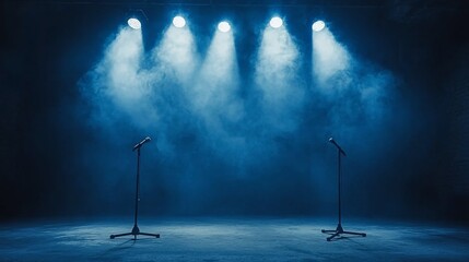Stage with microphones and blue light