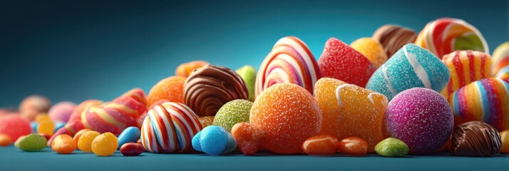Colorful assortment of candies and sweets displayed on a blue surface during a festive celebration