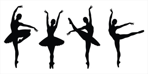 Four Black Silhouettes of Ballerinas in Classic Dance Poses on White Background ballet dancer © MdAbdur
