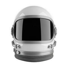 Fototapeta premium Front view of a white astronaut helmet with a dark visor, isolated on transparent background, representing space exploration and futuristic technology