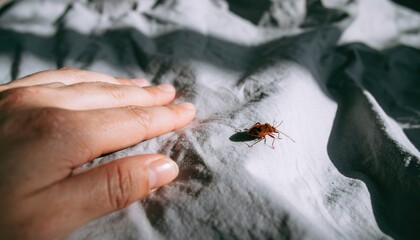 Obraz premium Close-up Encounter: A Hand Reaches Out to a Boxelder Bug on a Textured Sheet with Sunlight