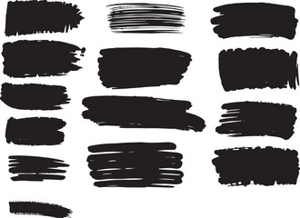 Brush set. Vector black paint brush spots, highlighter lines or felt-tip pen marker. Ink smudge abstract shape stains and smear set with texture